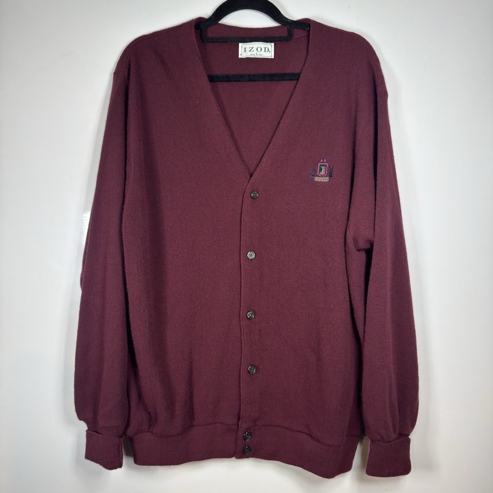 Vintage IZOD Men's Cardigan Sweater Acrylic Burgundy Size L Made in USA